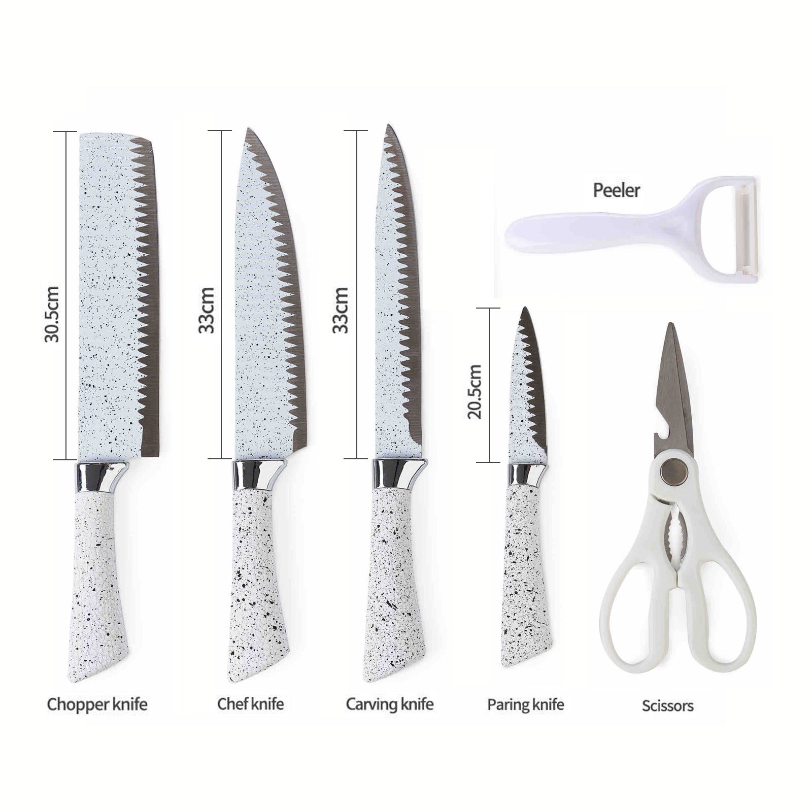 Non-Stick Coated 6 Pcs Knife Set with its size