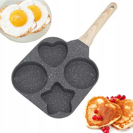 Non- Stick 4 Cup Egg Frying Pan With Eggs and Pancake.