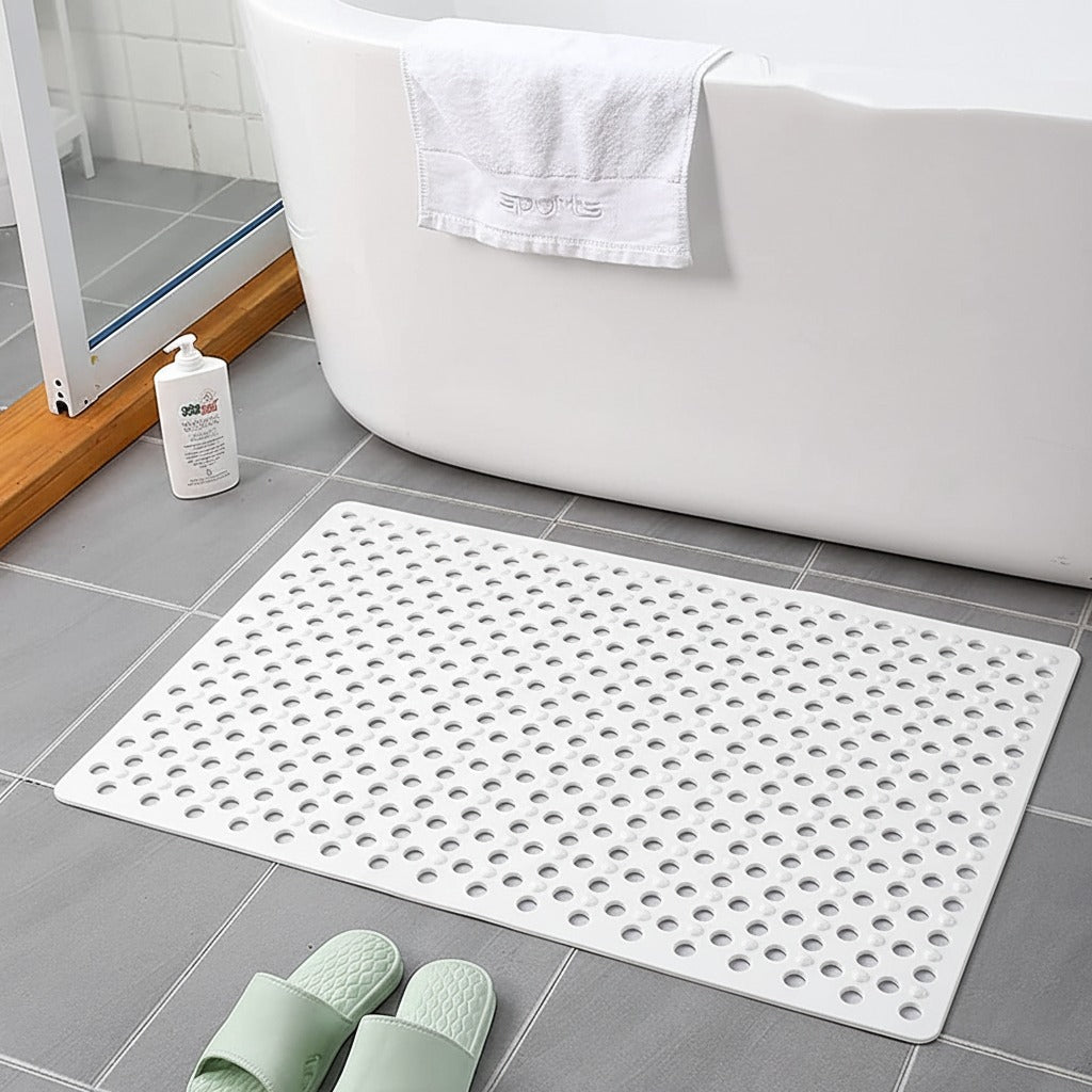 Non-slip extra-long bathroom shower mat placed in the bathroom.