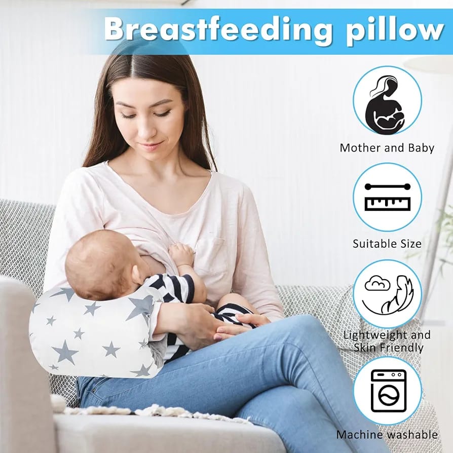 A Women is Breastfeeding Her Baby By Placing Nursing Arm Pillow On Her Hand.