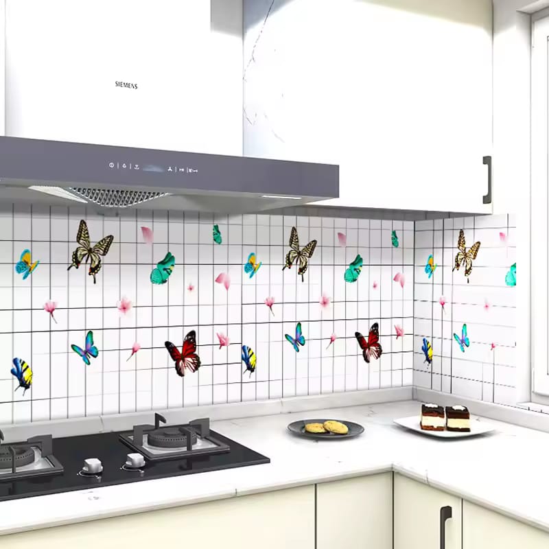 A Waterproof Self Adhesive Oil Proof Kitchen Bathroom Wallpaper is Sticked On the Wall Of a Kitchen.