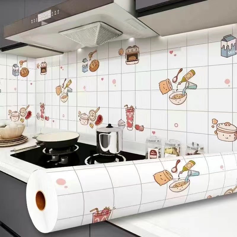 A Waterproof Self Adhesive Oil Proof Kitchen Bathroom Wallpaper is Sticked On the Wall Of a Kitchen.