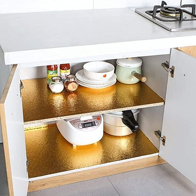 Kitchen cabinet with open door revealing Waterproof Oilproof Aluminium Foil Sticker with storage of kitchen items.
