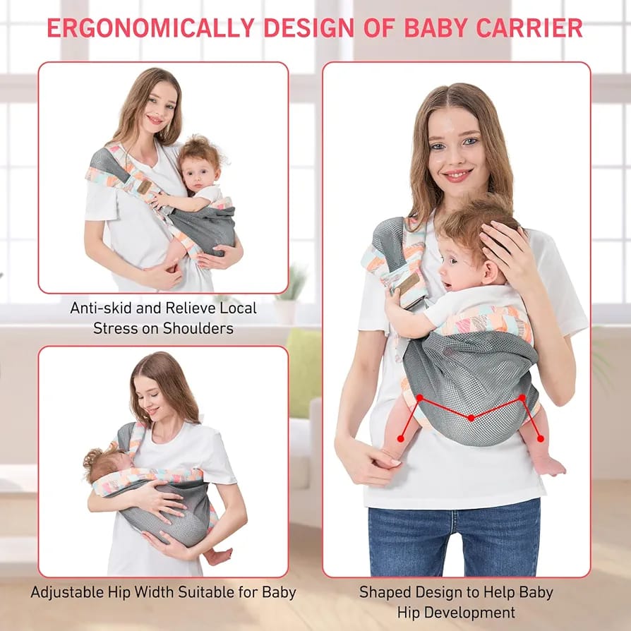 A Women is Carrying Her Baby Using One Shoulder Baby Carrier.