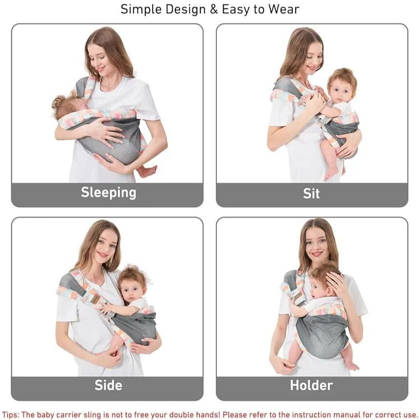 A Women is Carriying Her Baby Using One Shoulder Baby Carrier In Different Positions.