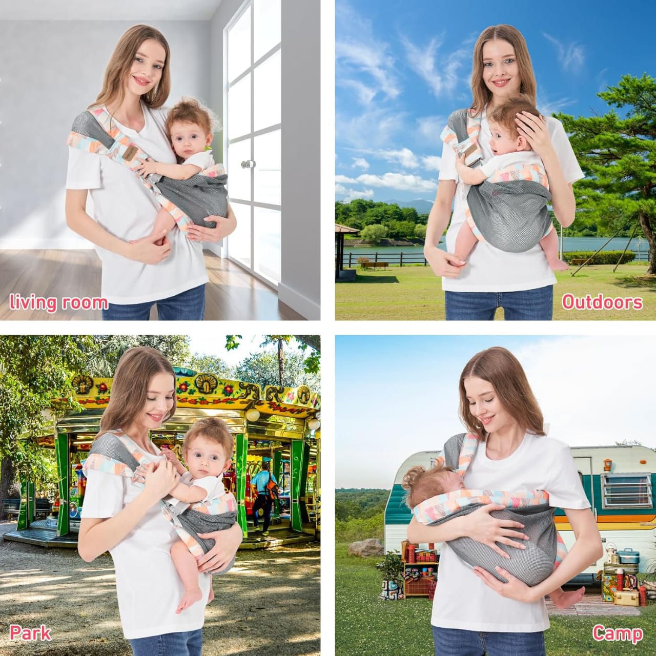 A Women is Carried Her Baby Using Shoulder Baby Carrier In Different Scenarios.