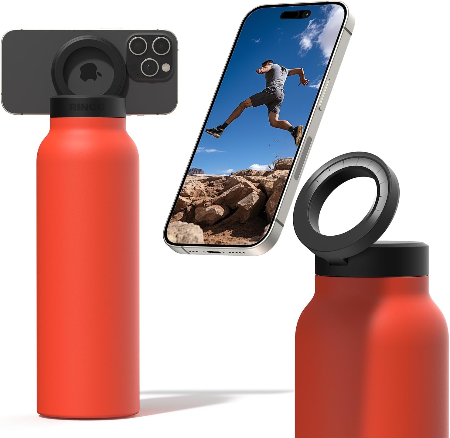 Orange Stainless Steel Vacuum Water Bottle With MagSafe Magnetic Phone Holder.