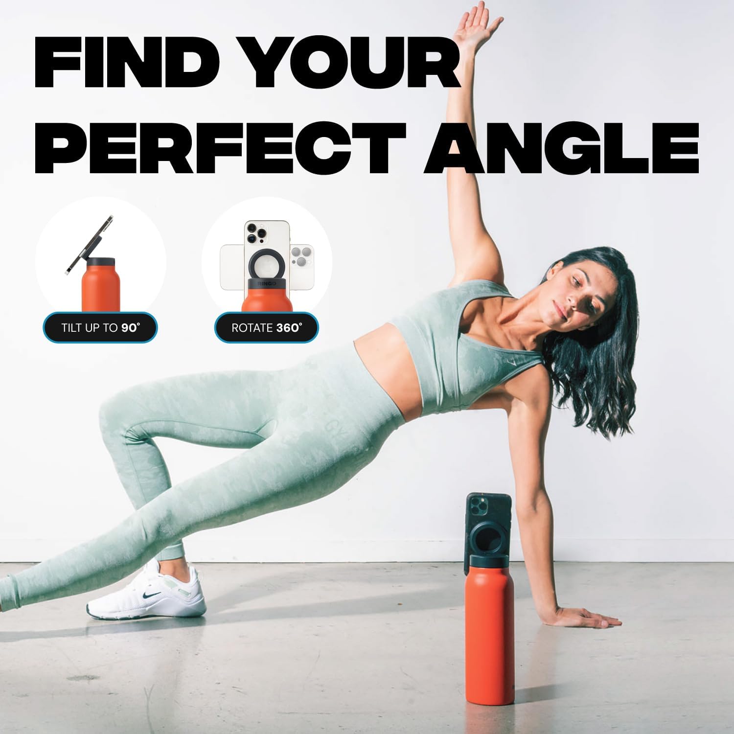 A Women is Working Out By Placing Mobile Phone On Stainless Steel Vacuum Water Bottle With MagSafe Magnetic Phone Holder.