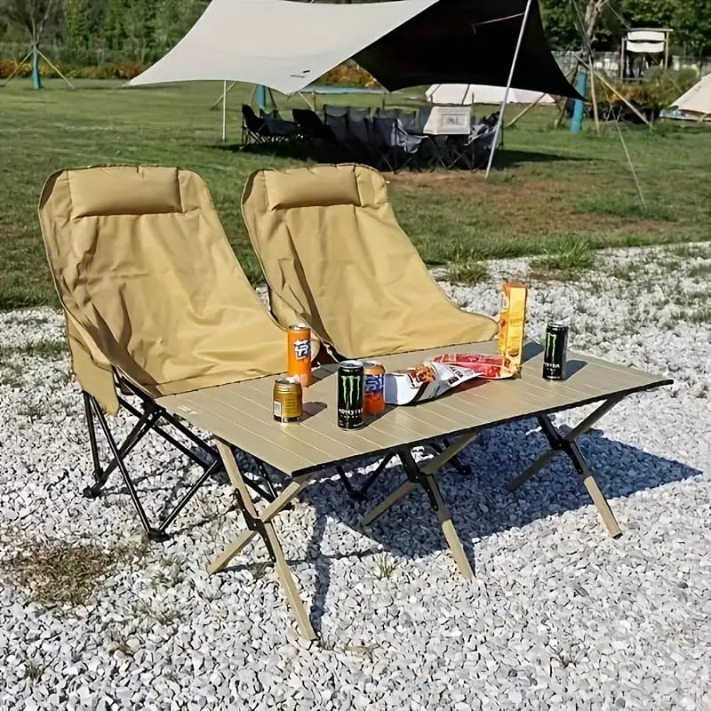 Two Outdoor Camping Chair is Arranged Near Camping Table.