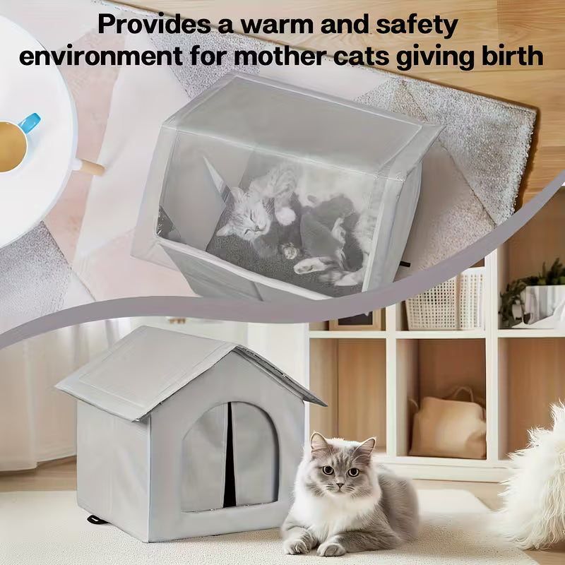 Cat house providing a warm and safety environment for mother cats giving birth, with a cat sitting inside.