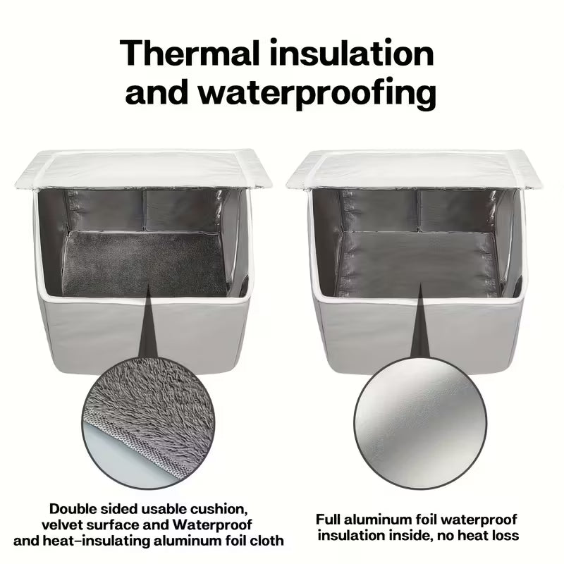 Two Outdoor Cat House with thermal insulation and waterproofing features, showing close-ups of the materials used.