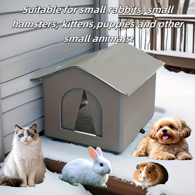 Outdoor Cat House with a cat, rabbit, dog, and guinea pig in front of it on a snowy background.
