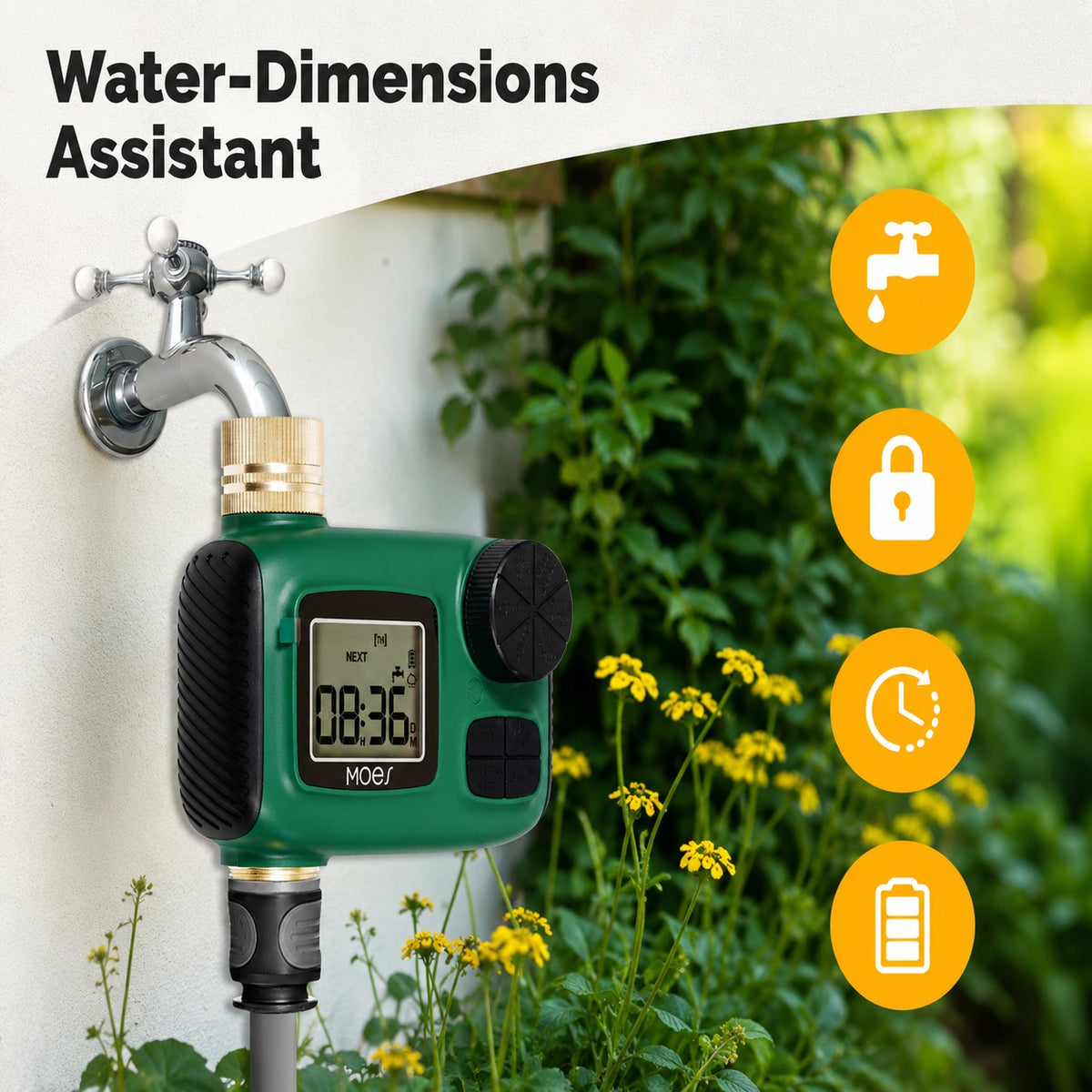 Outdoor Digital Water Timer mounted on a garden hose at a wall spout, with a garden background and feature icons on the right. Text at the top reads 'Water-Dimensions Assistant'.