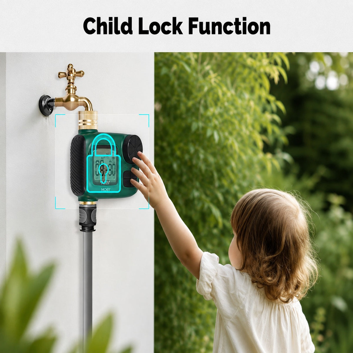 A child lock function demonstration showing a Outdoor Digital Water Timer , mounted on a wall next to a brass faucet. A young child is shown touching the lock button, with the text 'Child Lock Function' at the top.