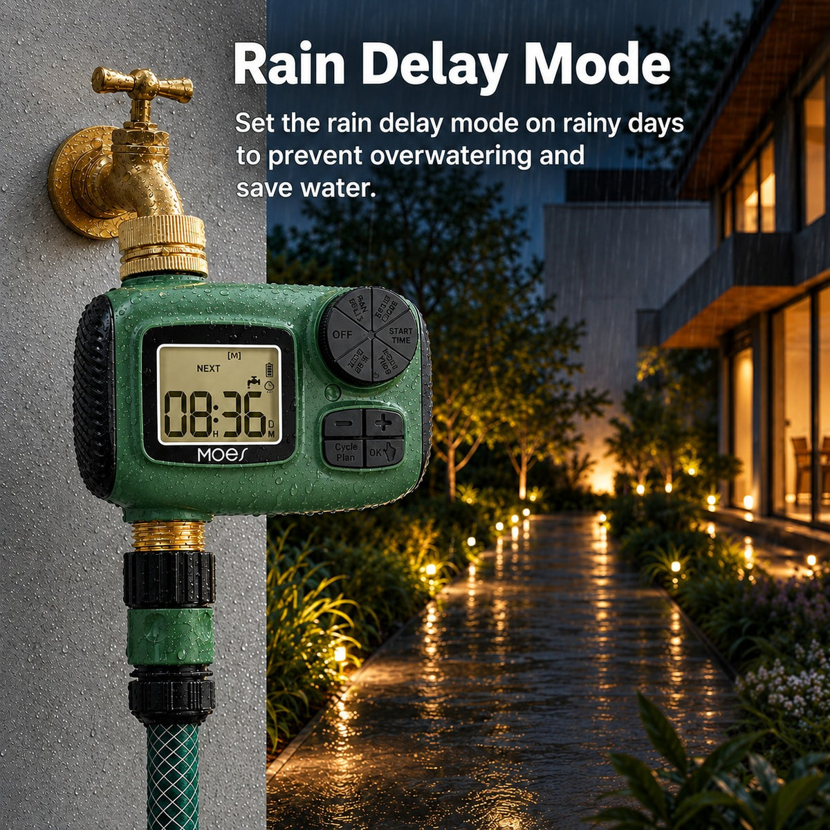 Outdoor Digital Water Timer attached to a brass garden hose and wall-mounted faucet, shown beside a nighttime garden pathway with lit plants and a house in the background. Text reads 'Rain Delay Mode' with a descriptive benefit.