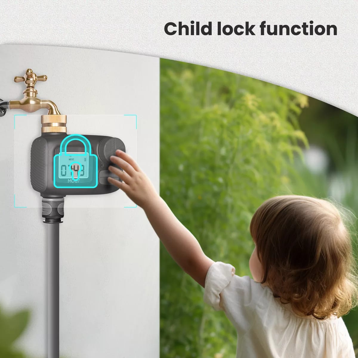 A Child is Touching On the Outdoor Digital Water Timer Connected to Pipe Demonstrating Child Lock.