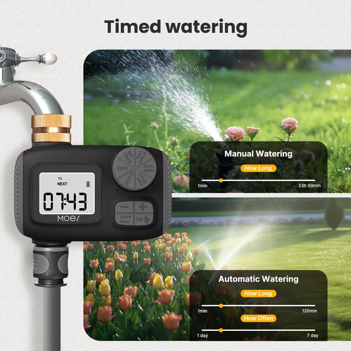 Outdoor Digital Water Timer Is Connected to Pipe and Used For Gardening.