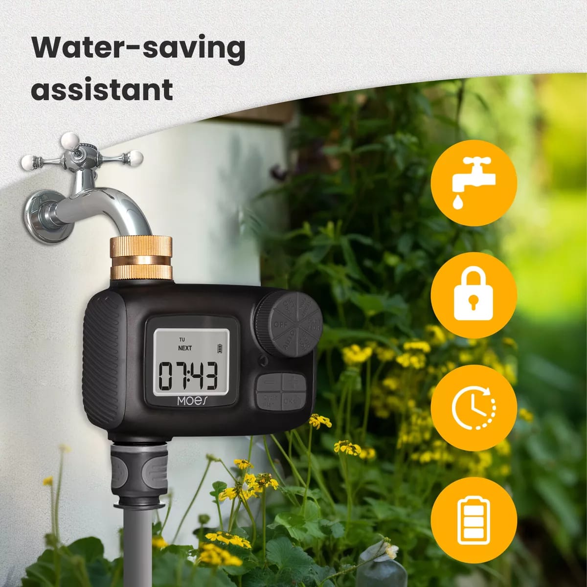 Outdoor Digital Water Timer is Connected to Pipe.