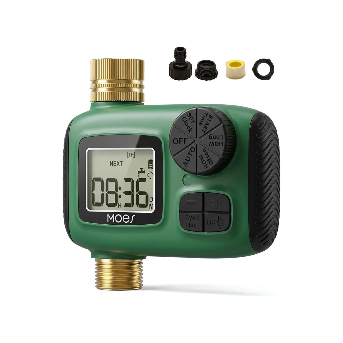Outdoor Digital Water Timer with brass connectors, shown on a white background with four small included accessories above it.