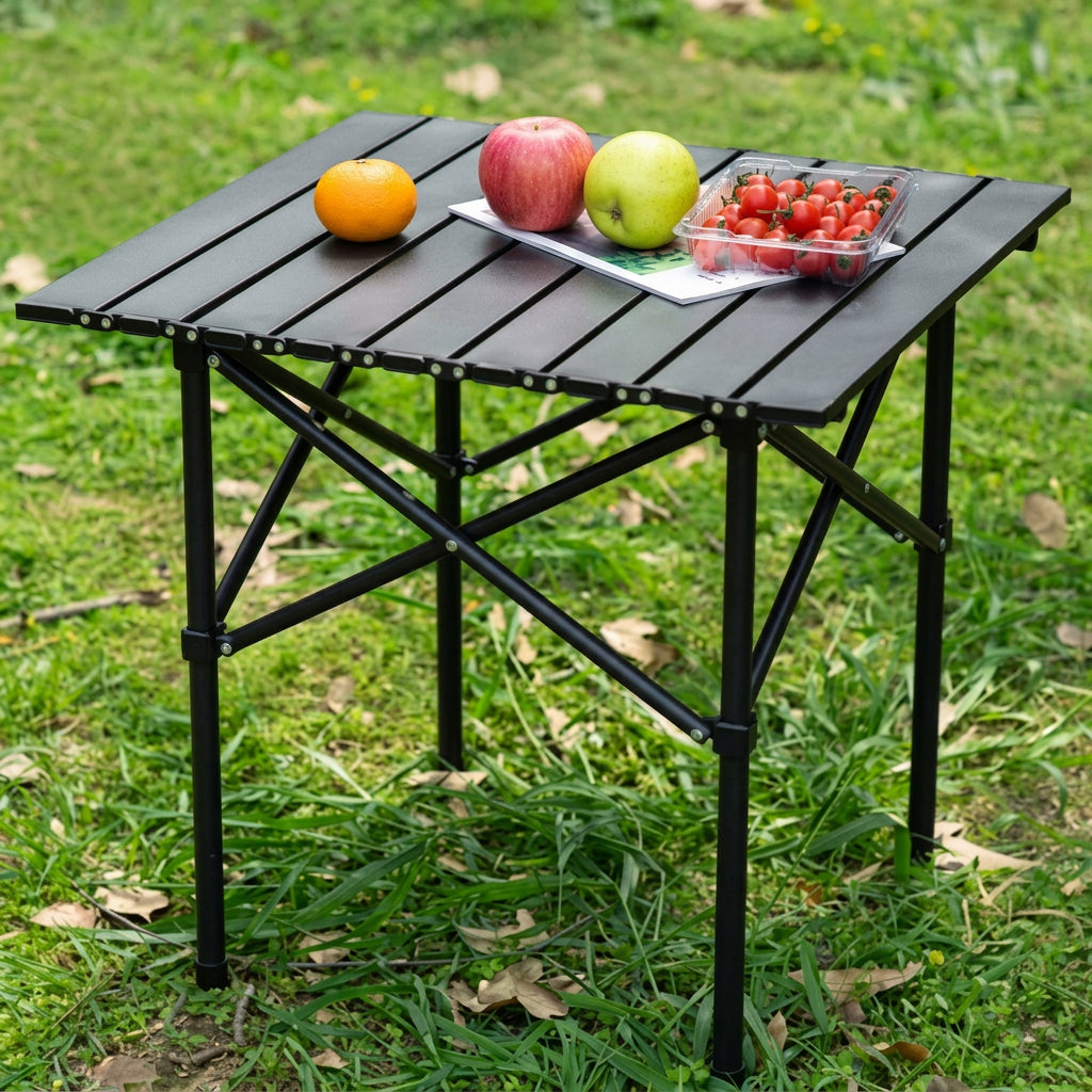 Outdoor Folding Camping Picnic Table with Fruits Placed in a Outdoor Setup.