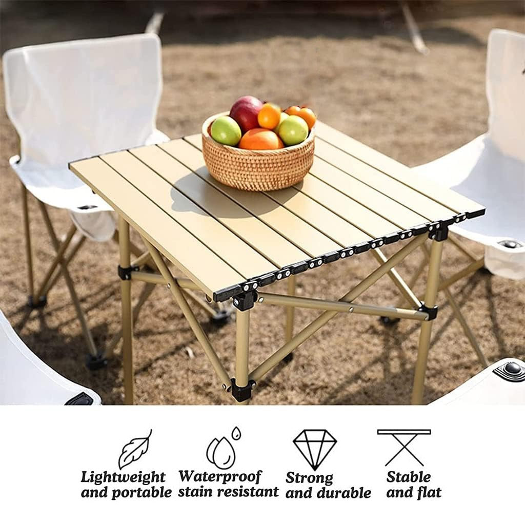 Table Of Outdoor Folding Camping Table and Chair Set is Arranged wwith Fruits.