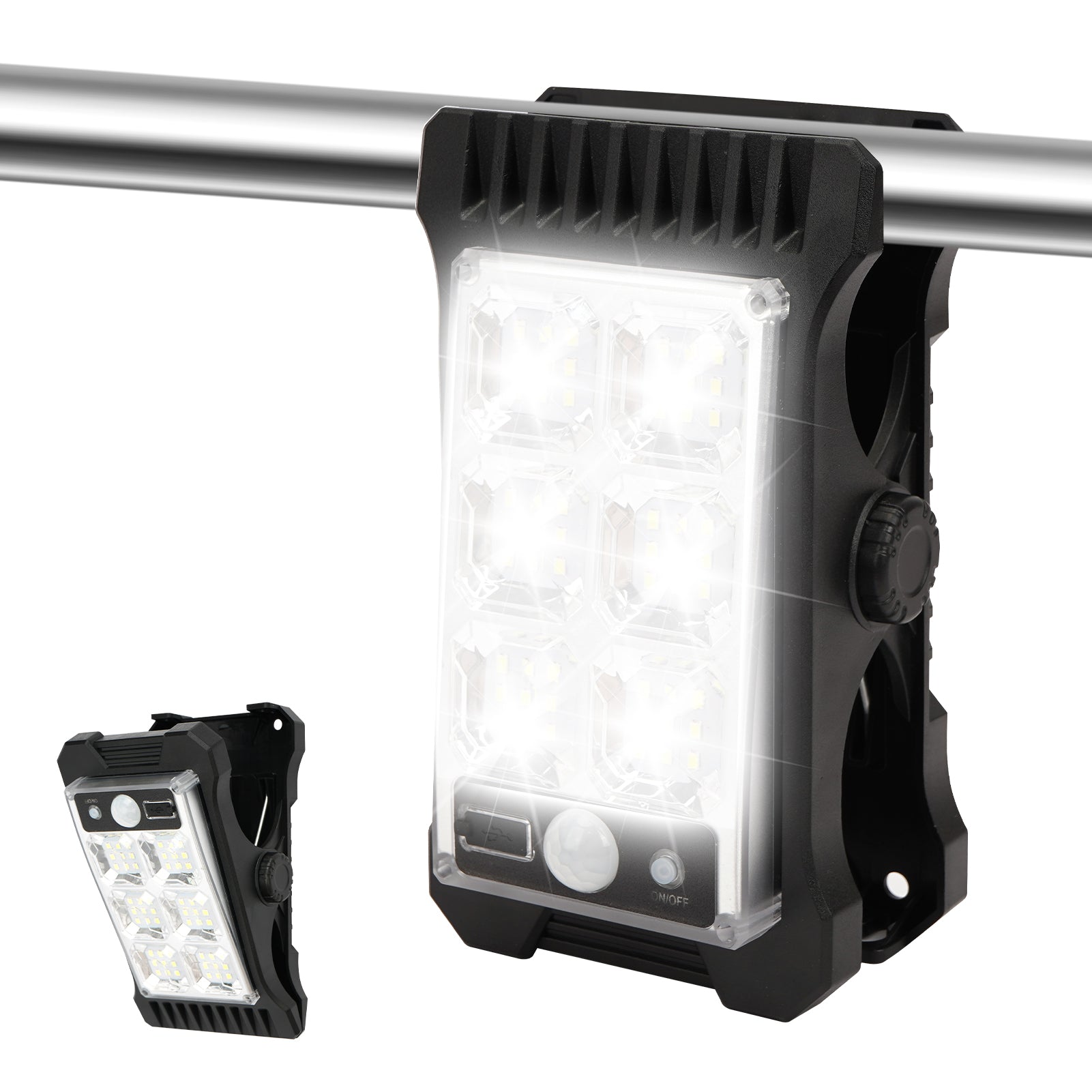 Outdoor solar clip lamp attached to metal fence.