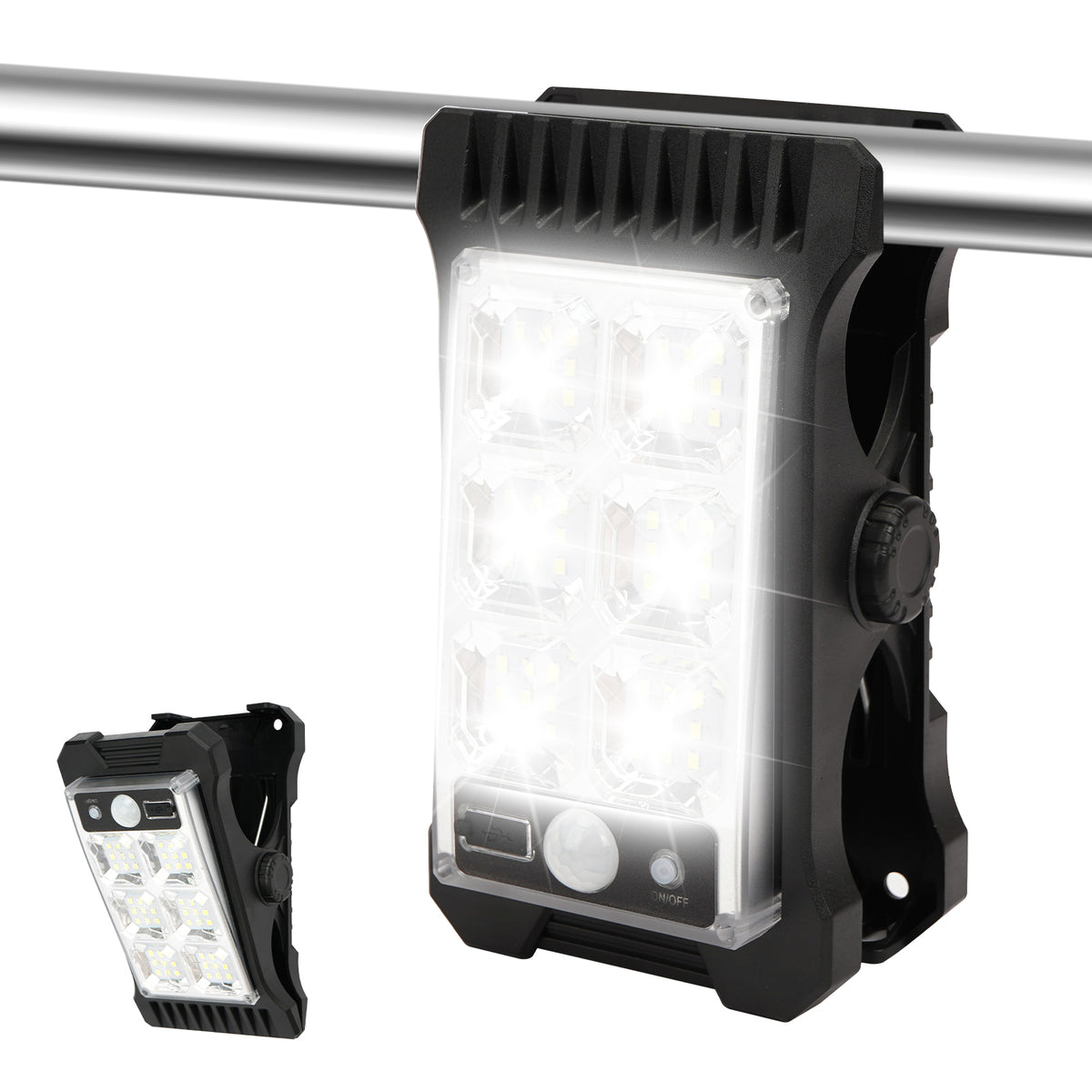 Outdoor solar clip lamp attached to metal fence.
