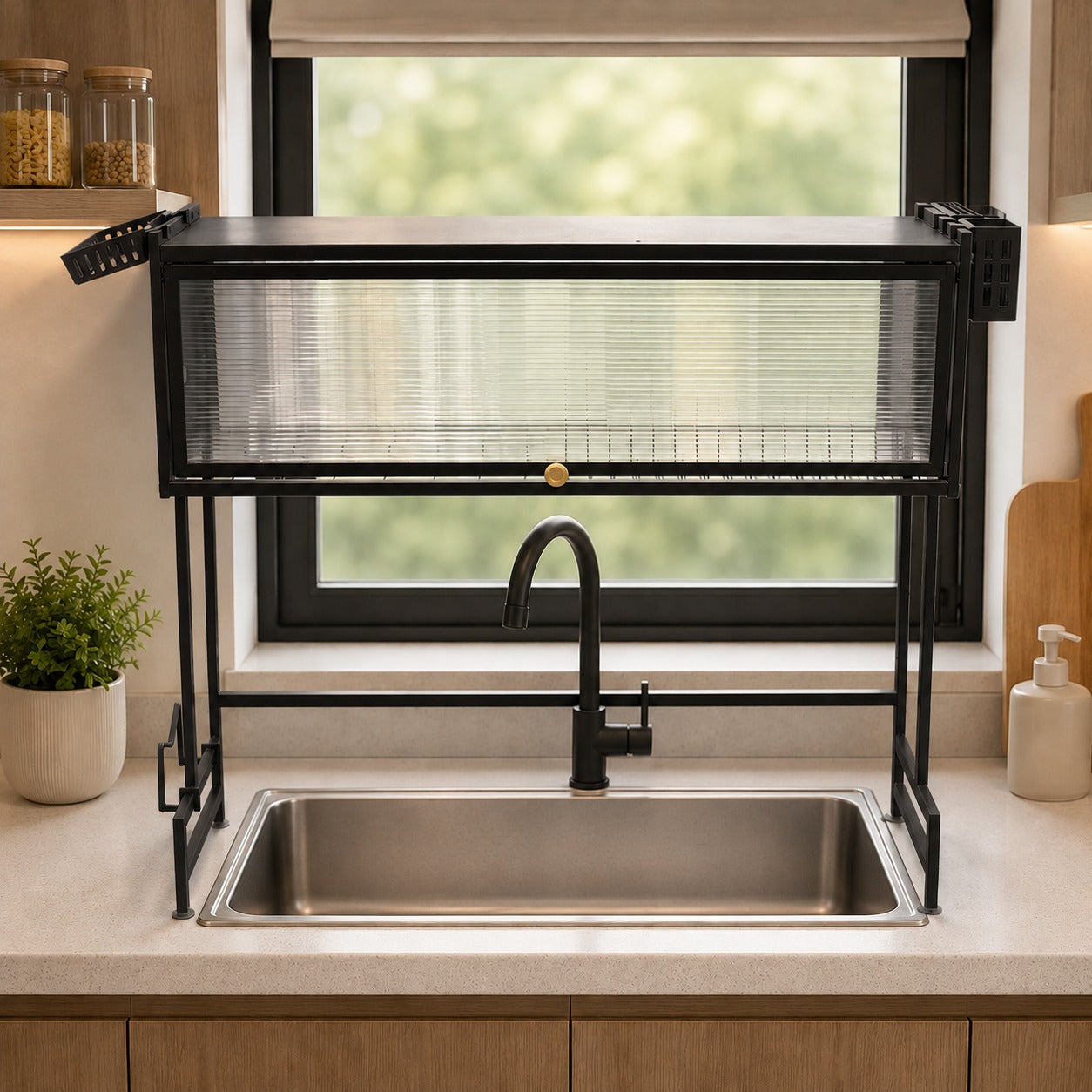 A black metal kitchen sink organizer with a mesh shelf and hanging hooks, mounted above a stainless steel sink in a modern kitchen setting.