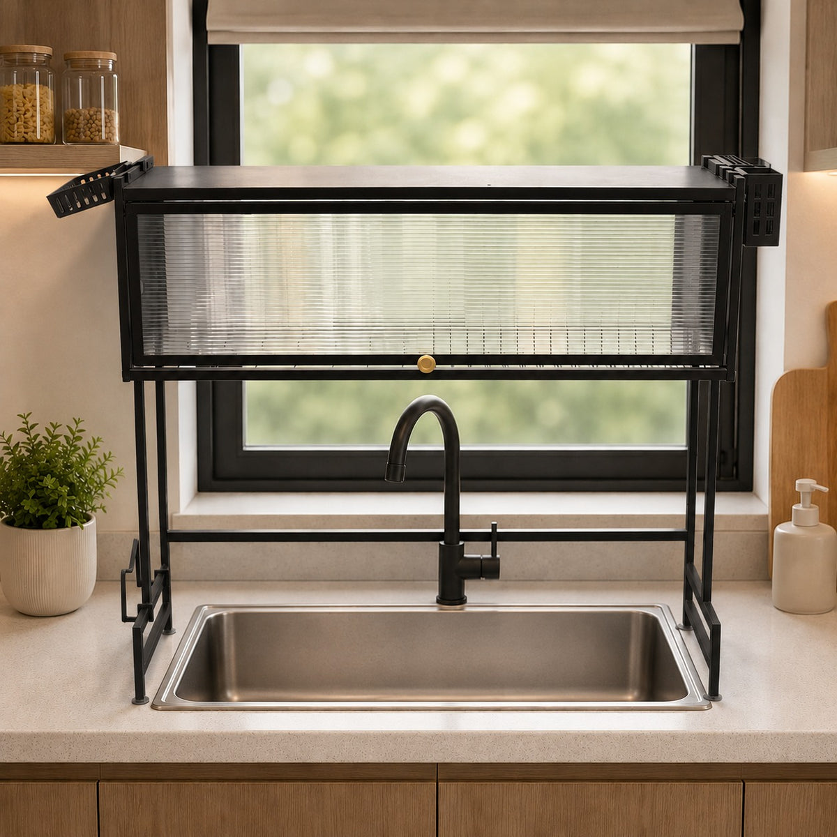 A black metal kitchen sink organizer with a mesh shelf and hanging hooks, mounted above a stainless steel sink in a modern kitchen setting.