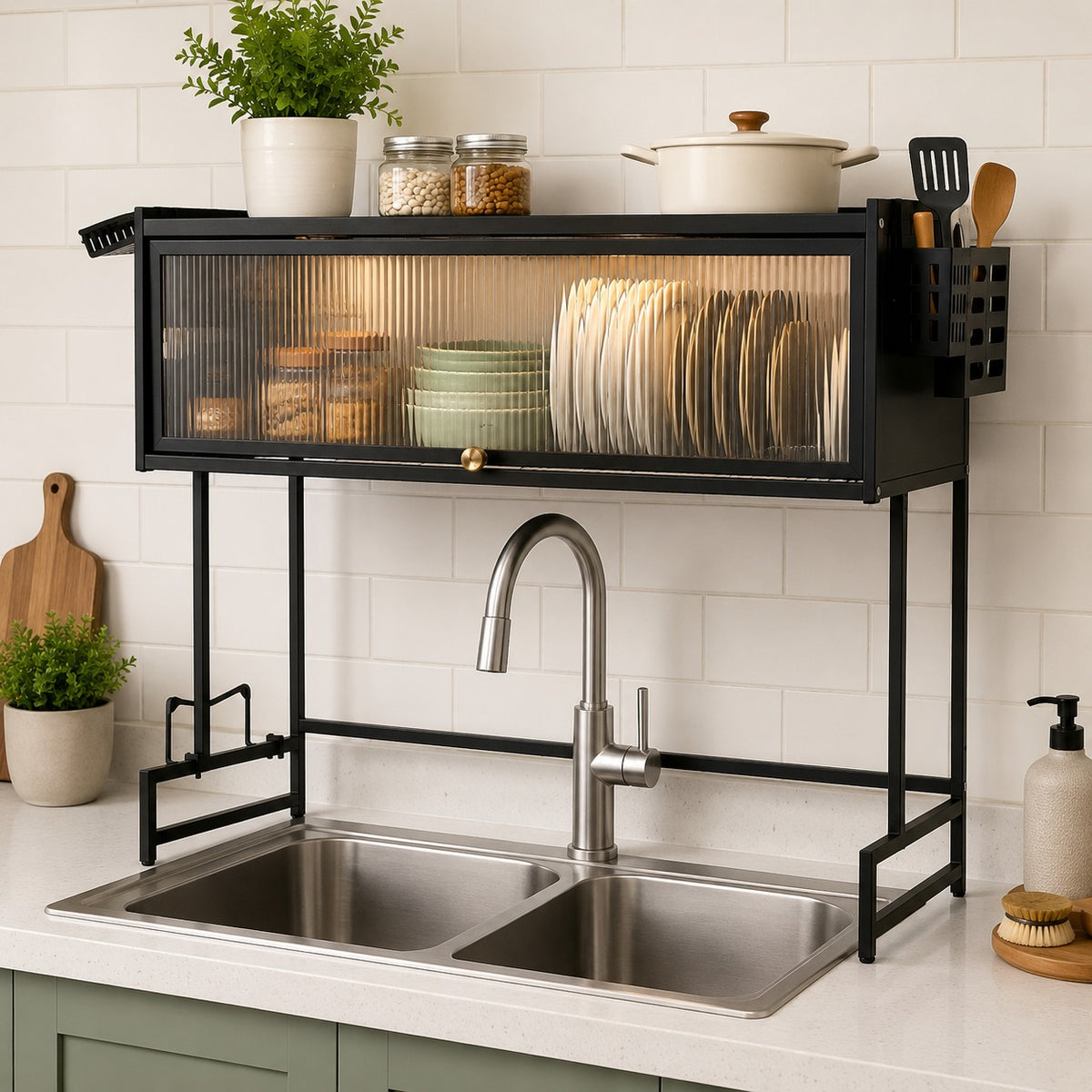 A black metal kitchen sink organizer with a glass-front upper cabinet, shown installed over a double-basin stainless steel sink in a bright kitchen. The organizer holds plates, bowls, and kitchen items, with a faucet and tiled backsplash behind it.