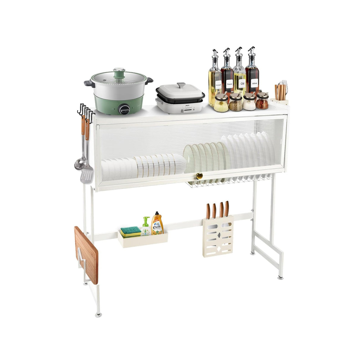 Over the sink dish rack with various utensils and appliances on a white background