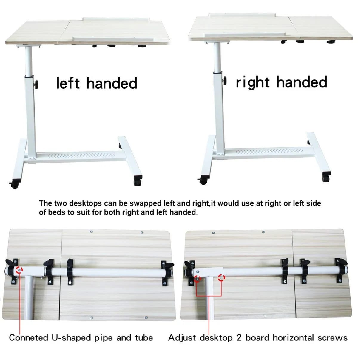 Adjustable Overbed Laptop Stand Table with two interchangeable desktops, allowing for left and right side placement to accommodate both right and left-handed users