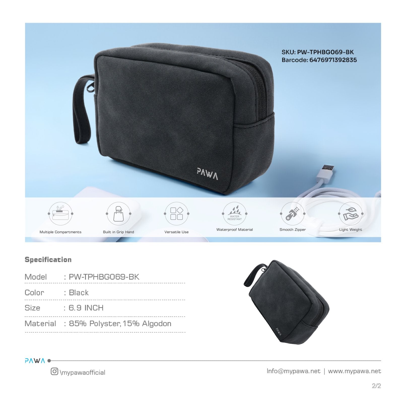PAWA Bello Travel Pouch with its specification.