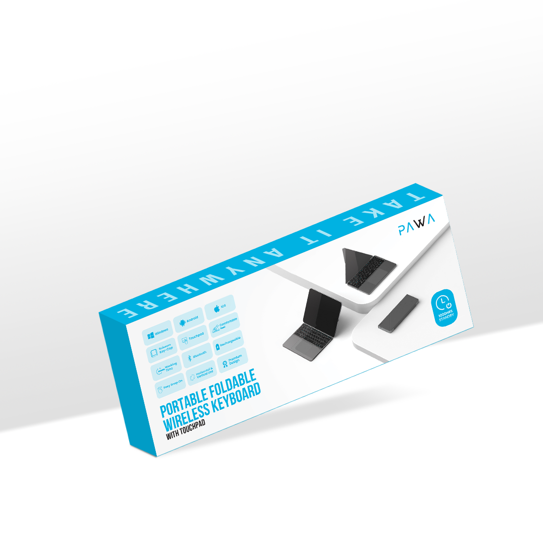 PAWA portable foldable wireless keyboard packaging on a white background