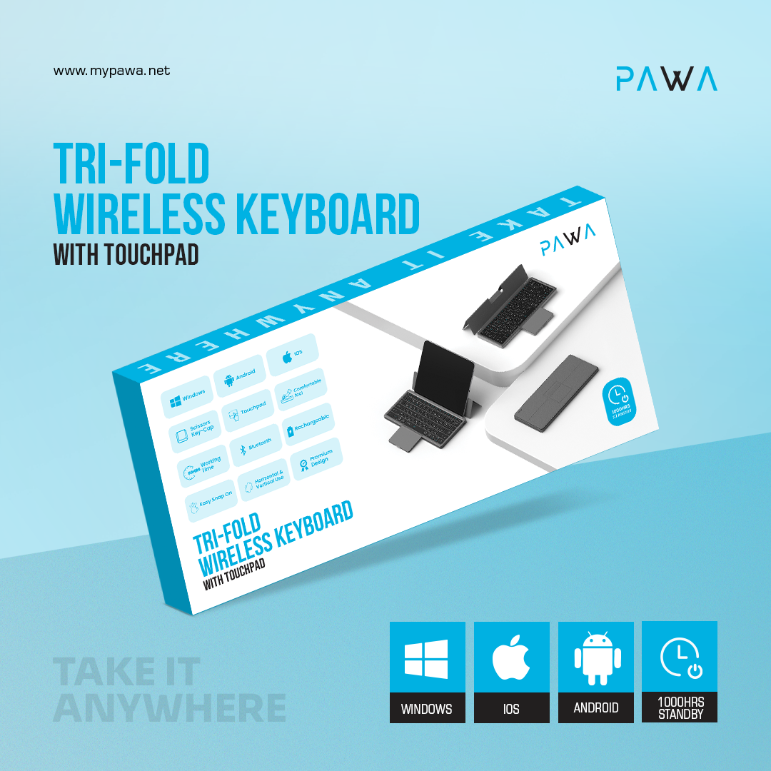 PAWA tri-fold wireless keyboard packaging on a light blue background