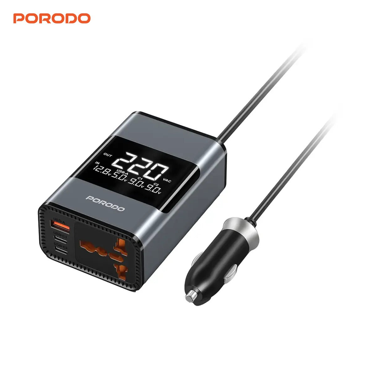 PORODO car charger with digital display on a white background