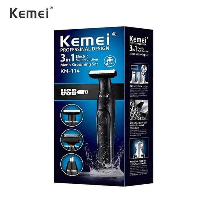 Package Of Kemei Professional Design  3 in 1 Electric Multi-function Men's Grooming Set.
