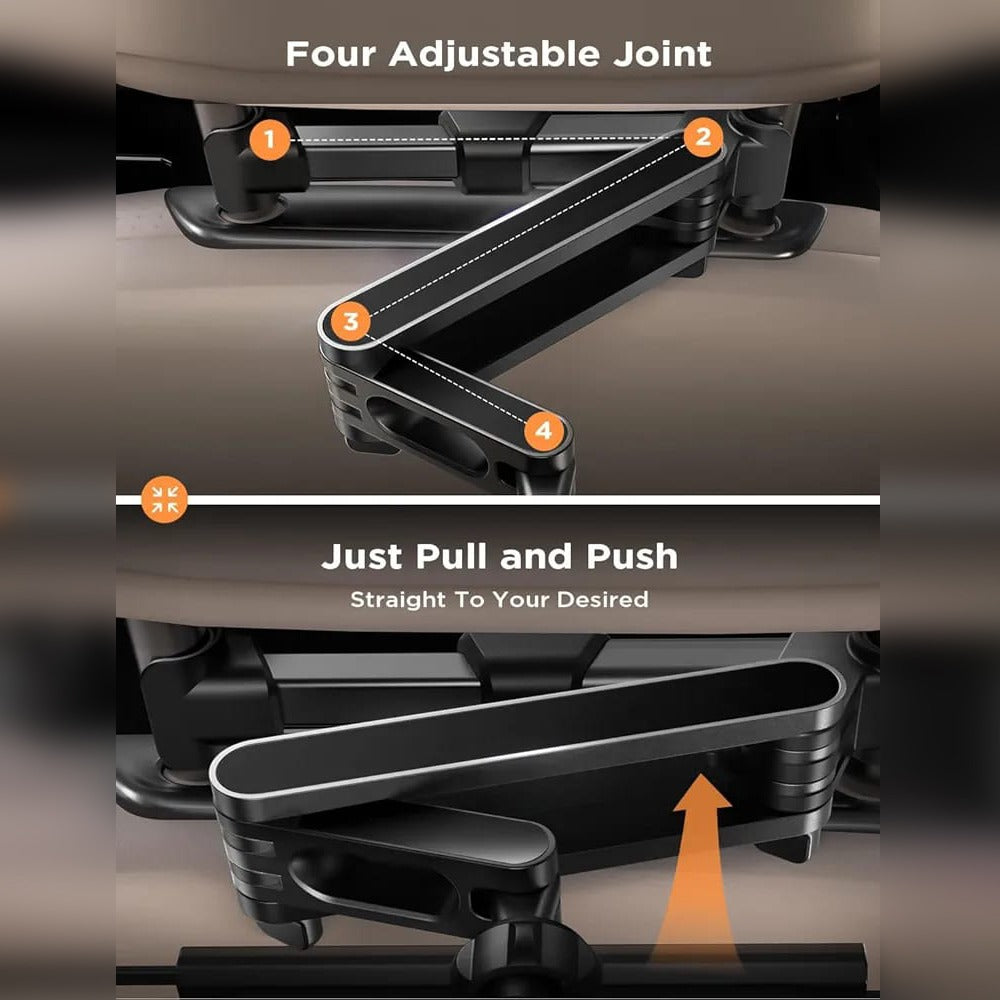 Parts Of a Car Mobile Phone Tablet Holder Stand is Installed On Car Headrest.