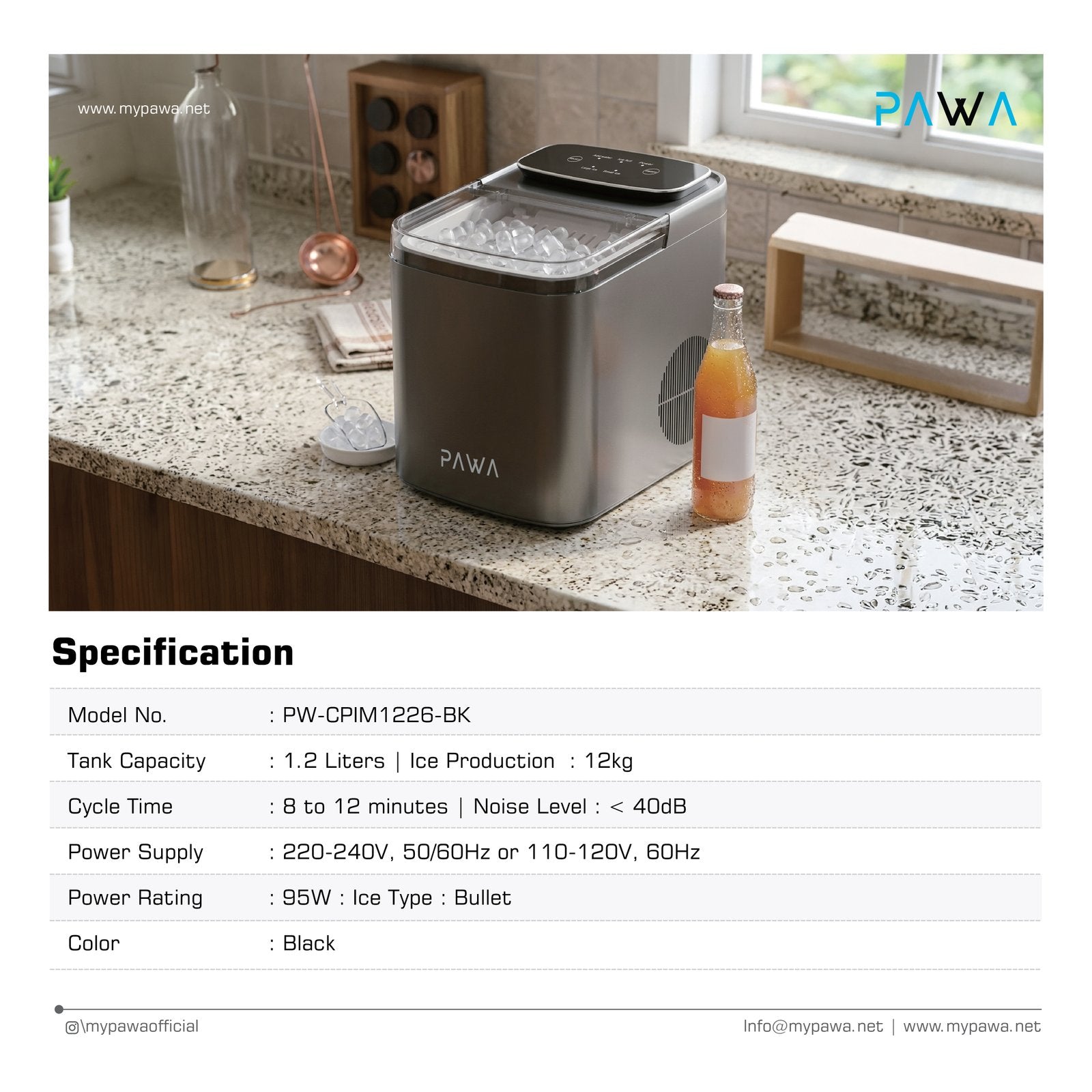 A specification sheet for a PAVA PW-CPIM1226-BK ice maker, featuring a product photo of the black bullet-style ice maker on a kitchen countertop, along with text specifications including tank capacity, cycle time, noise level, power supply, and power rating.