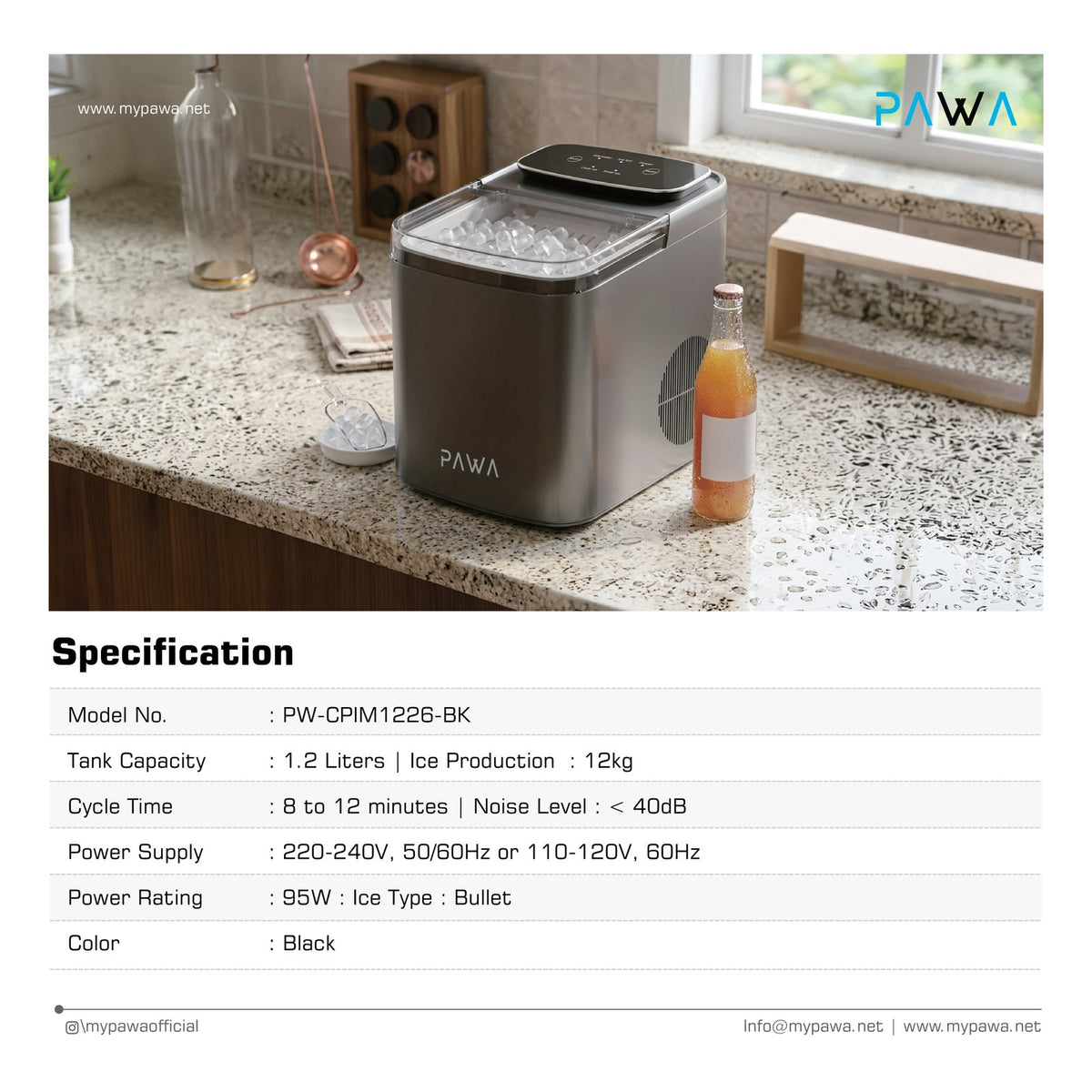 A specification sheet for a PAVA PW-CPIM1226-BK ice maker, featuring a product photo of the black bullet-style ice maker on a kitchen countertop, along with text specifications including tank capacity, cycle time, noise level, power supply, and power rating.