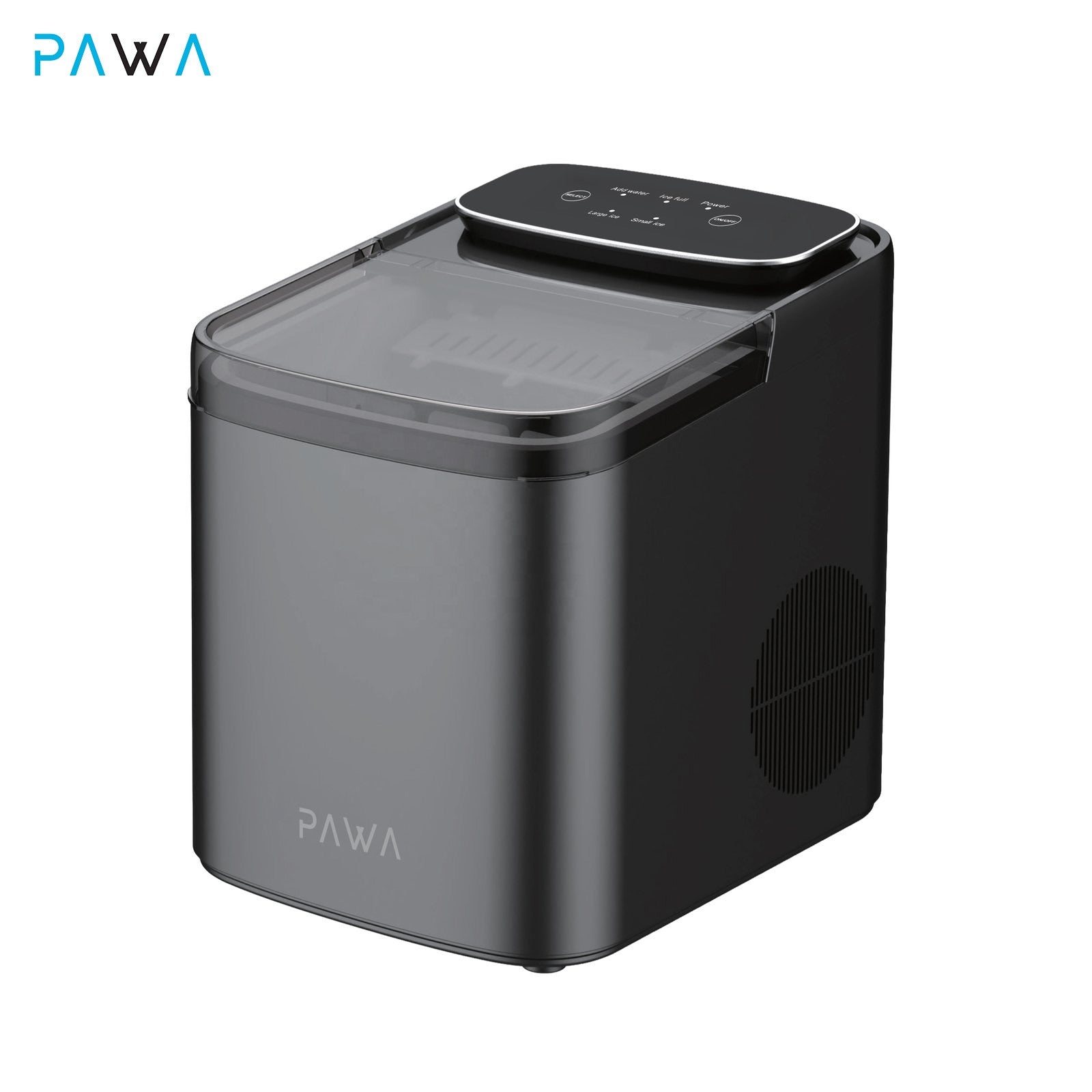 Pawa Chiller Portable Ice Maker in dark gray and black, featuring a digital control panel on top, a clear water reservoir, and a vented side panel, shown on a white background.