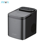 Pawa Chiller Portable Ice Maker in dark gray and black, featuring a digital control panel on top, a clear water reservoir, and a vented side panel, shown on a white background.