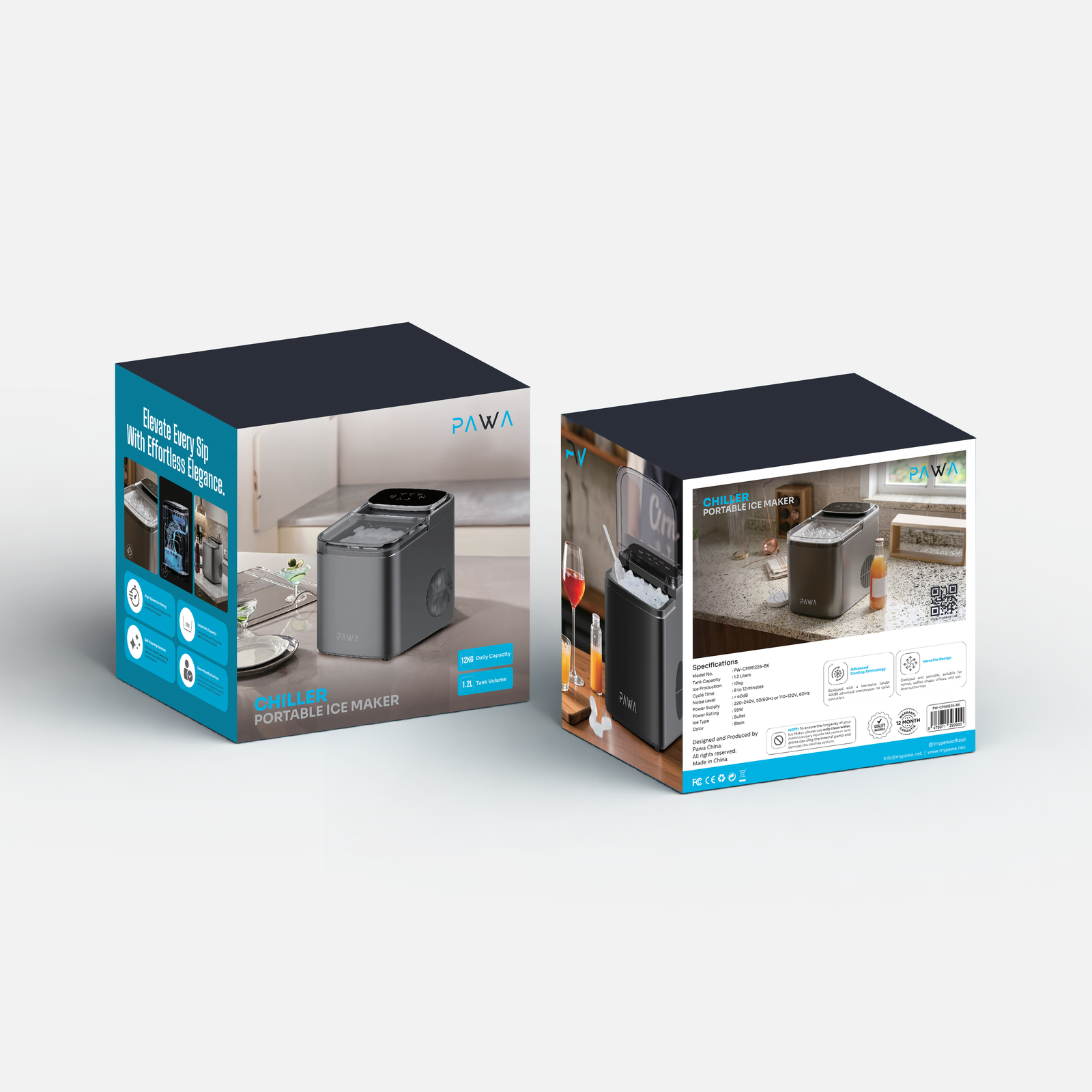 Pawa Chiller Portable Ice Maker shown on a light gray background. The boxes feature a dark navy blue top and bottom with a bright teal side panel, displaying product photos and feature icons.