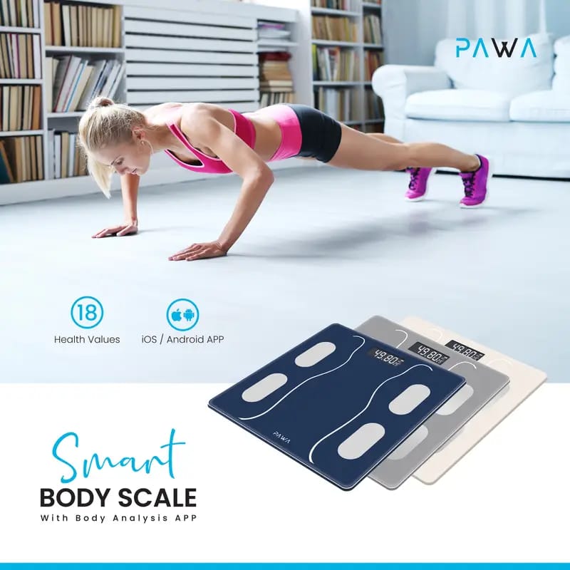 A Women is Doing Workout and Monitoring Weight Using Pawa Smart Body Scale.