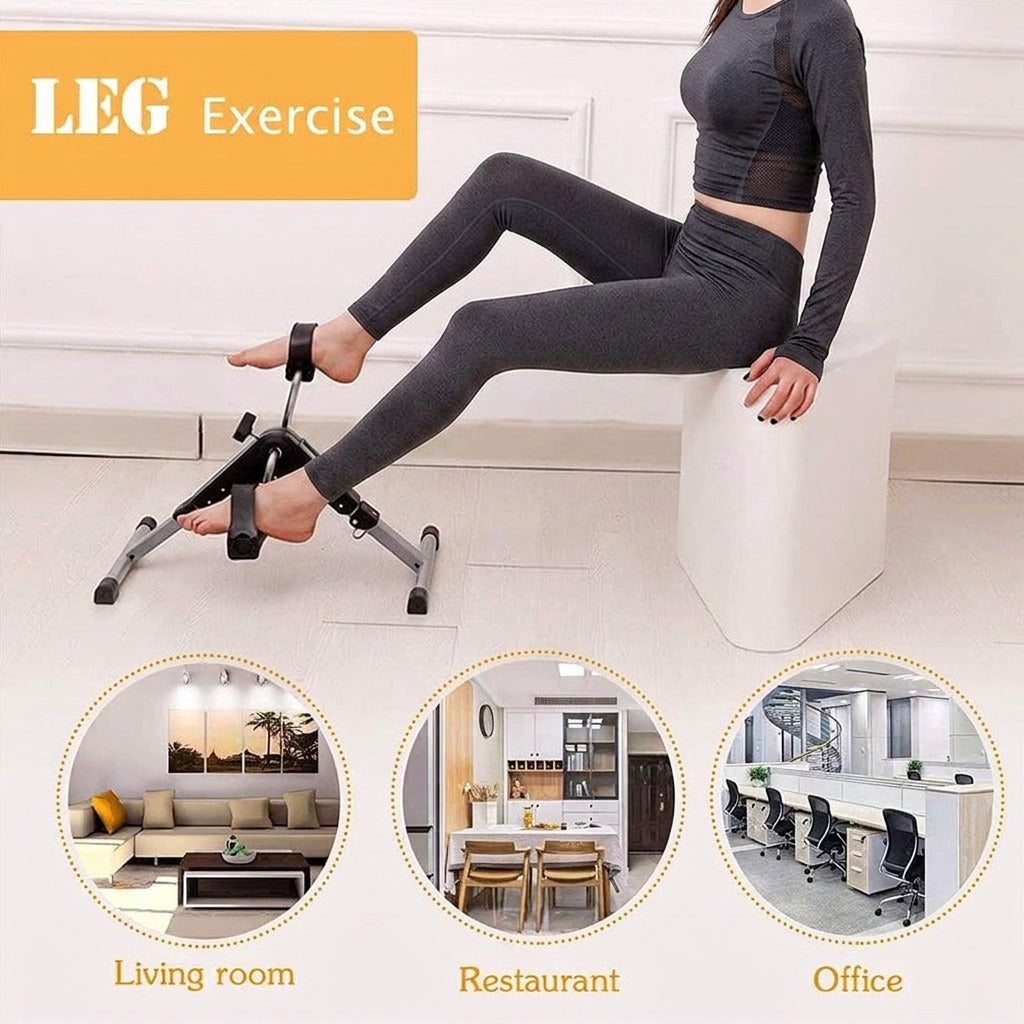 A woman is using a compact pedal exerciser while seated, performing a leg workout.