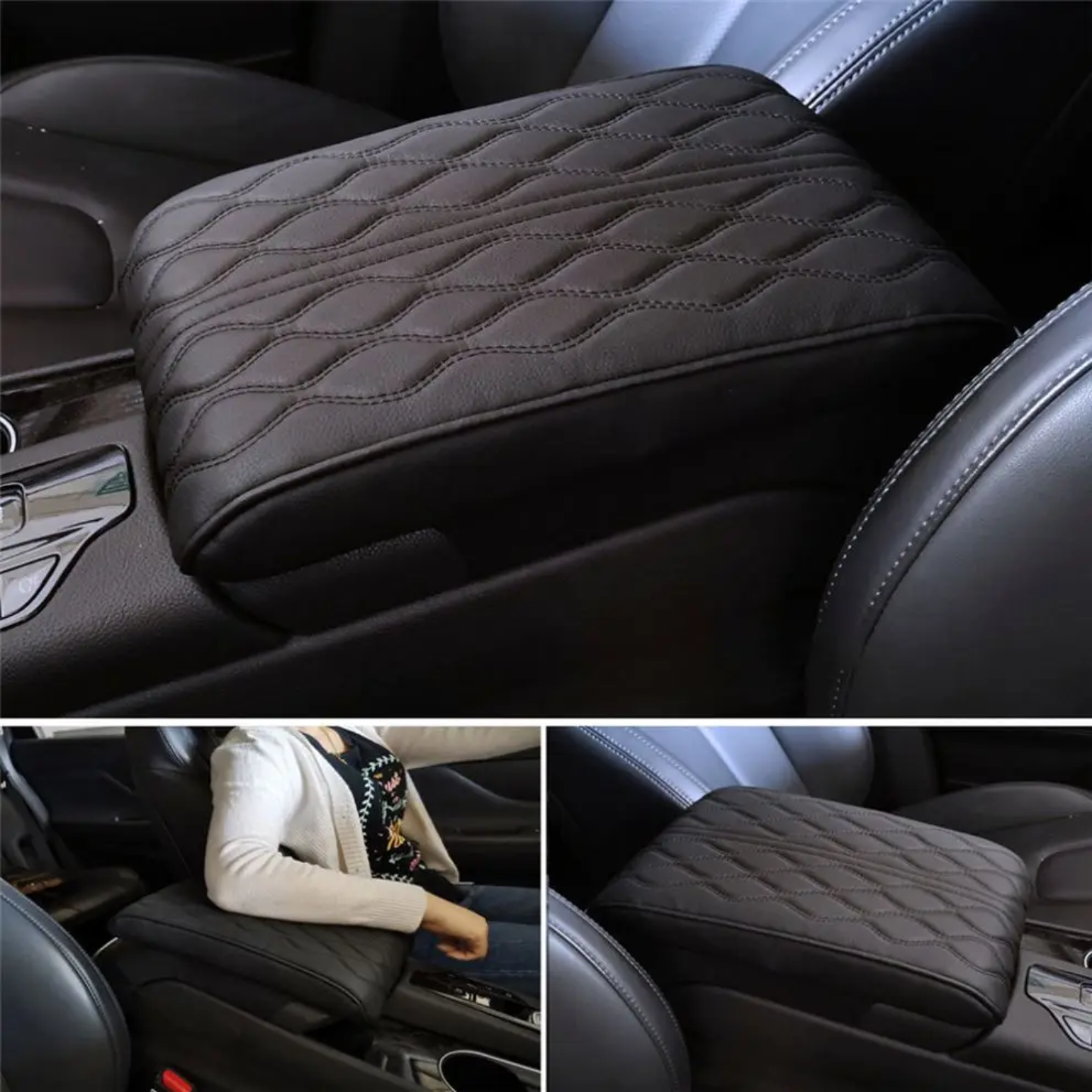 A Person is Placing his Elbow at Car Armrest Cushion Which is Placed on a Center Console of a Car.