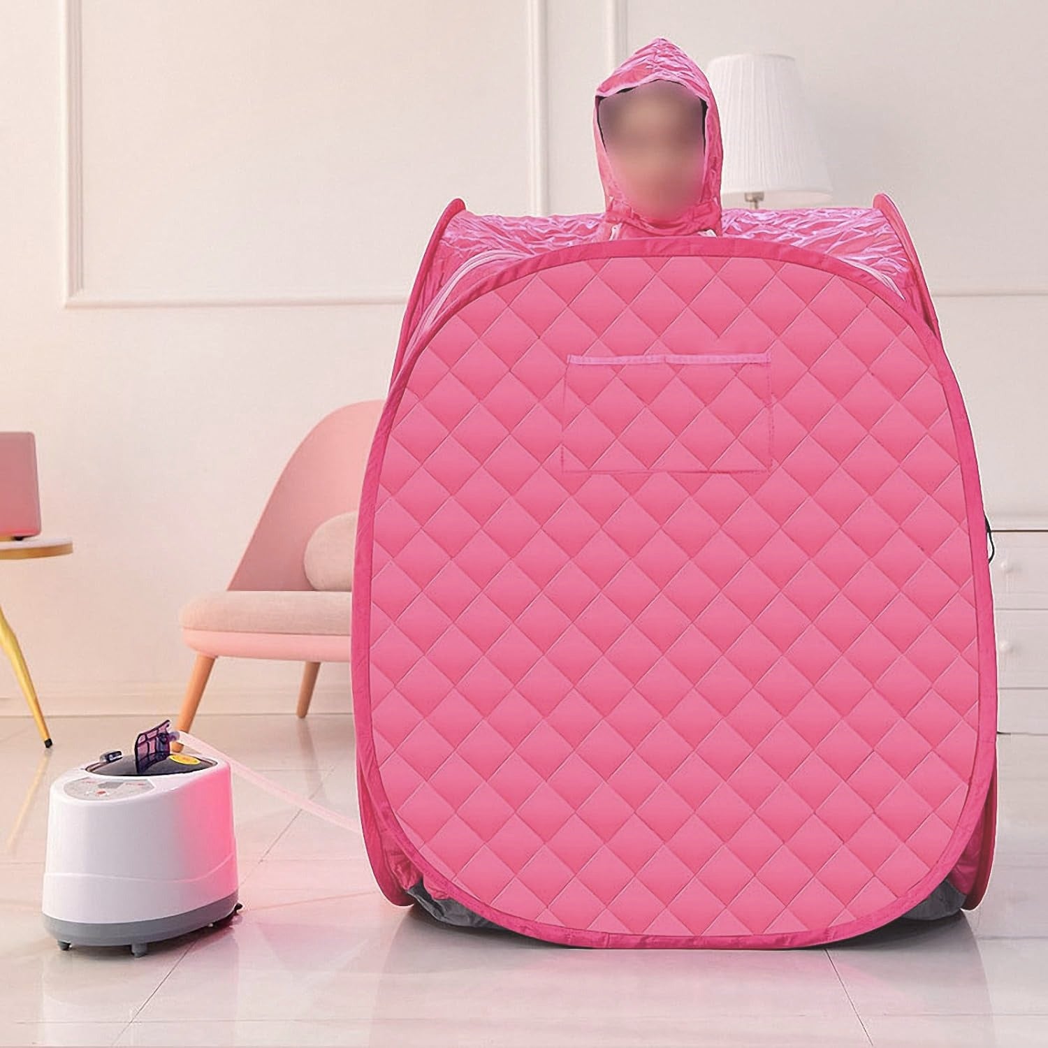 A Woman is Using Personal Sauna Room Tent Which is Connected to Steam Generator.