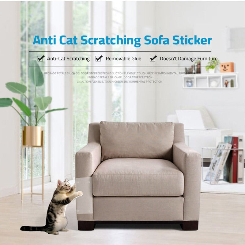 A Cat is Trying to Scratch a Sofa Set Which is Protected With Pet Scratch Guard Furniture Protector Sticker.