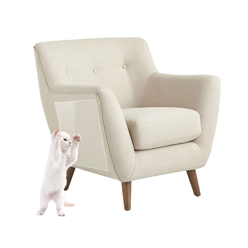 A Cat is Standing Near a Couch Which is Protected With Pet Scratch Guard Furniture Protector Sticker.