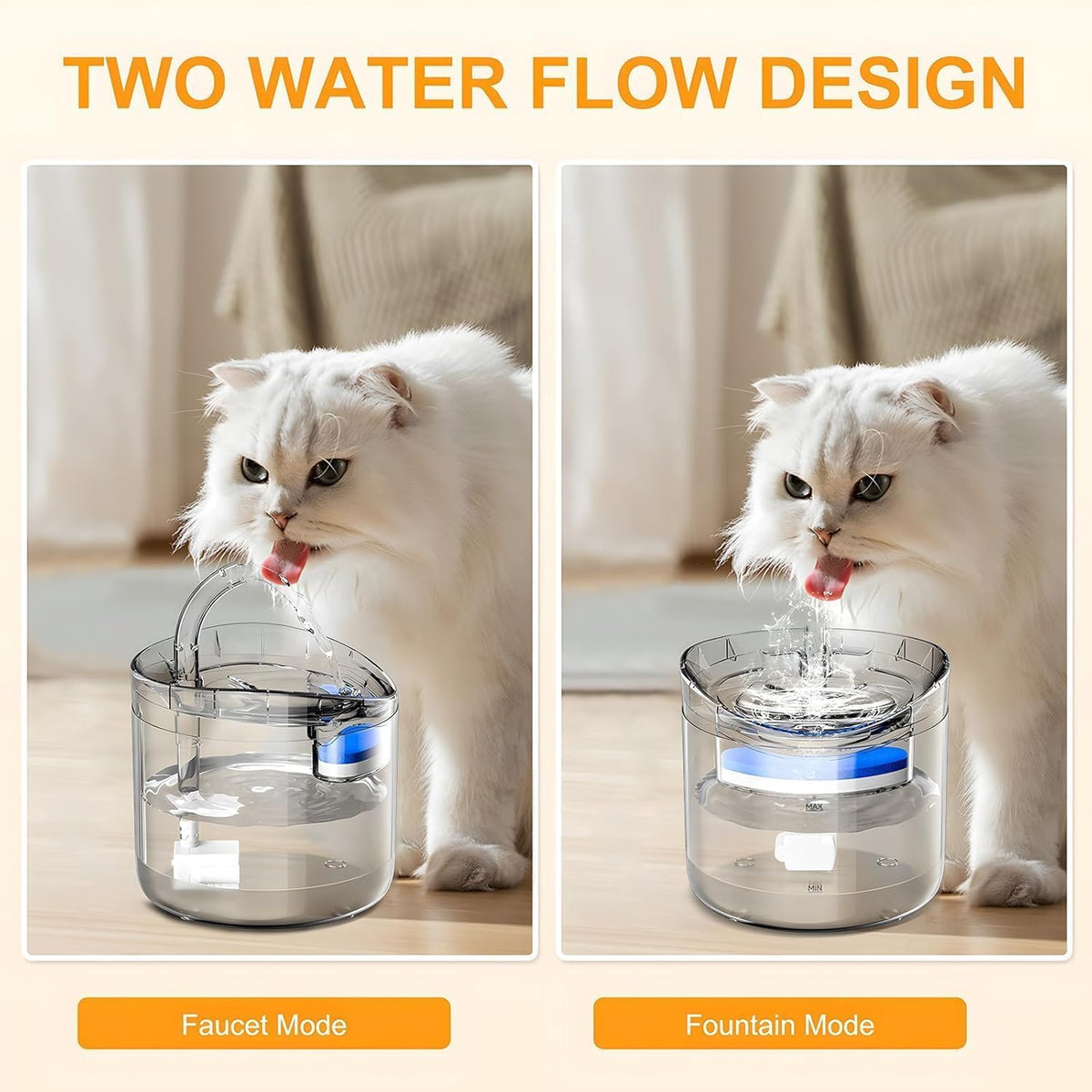 A white cat drinking from a transparent pet water fountain with two water flow modes. On the left, “Faucet Mode” displays a curved stream of water flowing like a tap, while on the right, “Fountain Mode” shows bubbling water rising from the center.